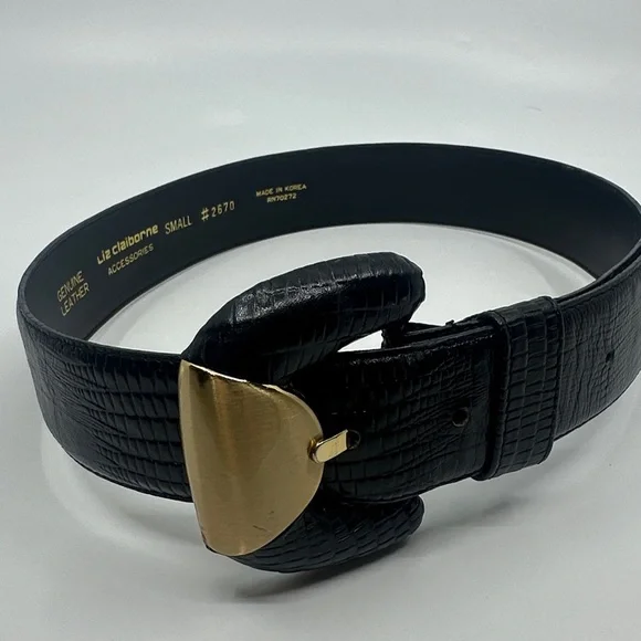 Liz Claiborne Black Genuine Leather Belt with Gold Buckle, Sz Small - Picture 2 of 6
